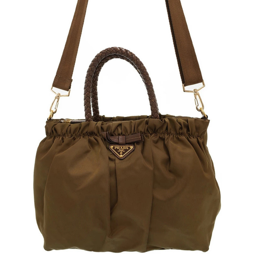 Prada Tessuto 2way Shoulder Bag braided ribbon bow Brown